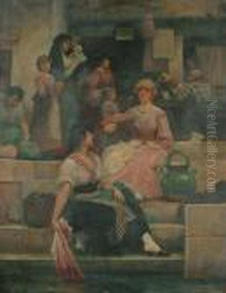 Figures Outside An Italian Cafe Oil Painting by Henry Woods