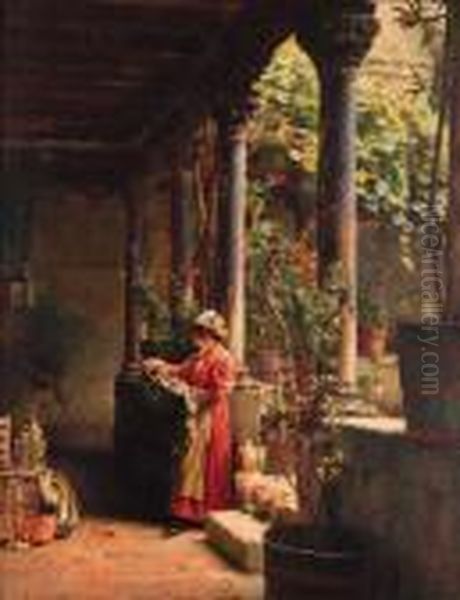 A Venetian Courtyard Oil Painting by Henry Woods