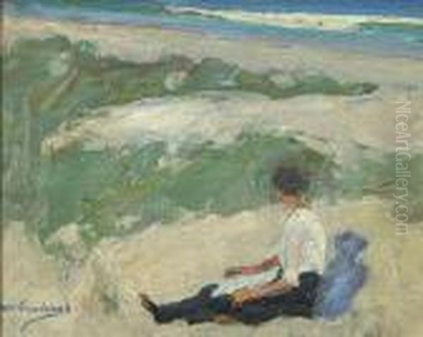 Woman Reading At The Beach Oil Painting by Mabel May Woodward