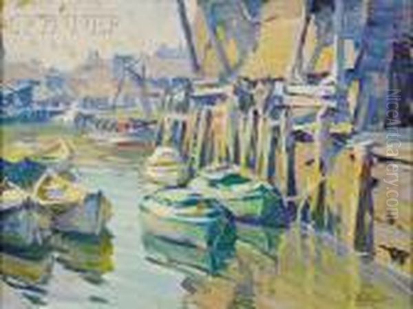 Harbor Oil Painting by Mabel May Woodward