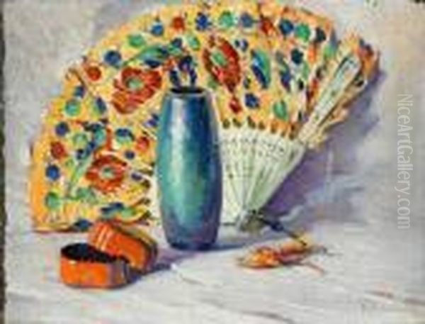 Still Life With Vase, Fan And Box Oil Painting by Mabel May Woodward