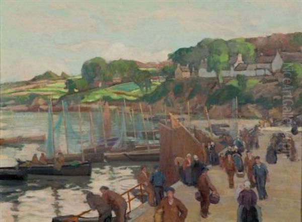 Figures Along A Quay, Brittany Oil Painting by Mabel May Woodward