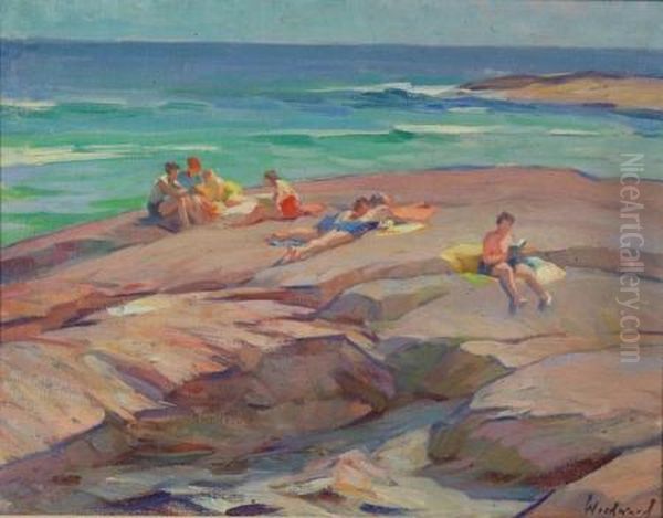 People On Rocks Oil Painting by Mabel May Woodward