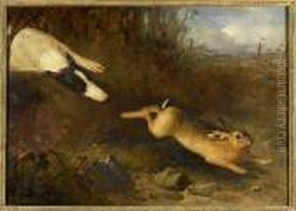 Greyhound In Pursuit Of A Hare Oil Painting by Thomas Woodward