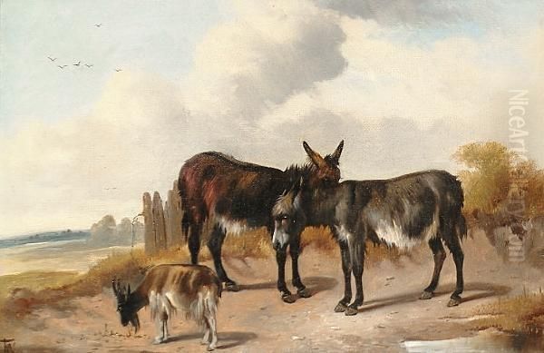 Donkeys And A Goat In A Landscape Oil Painting by Thomas Woodward