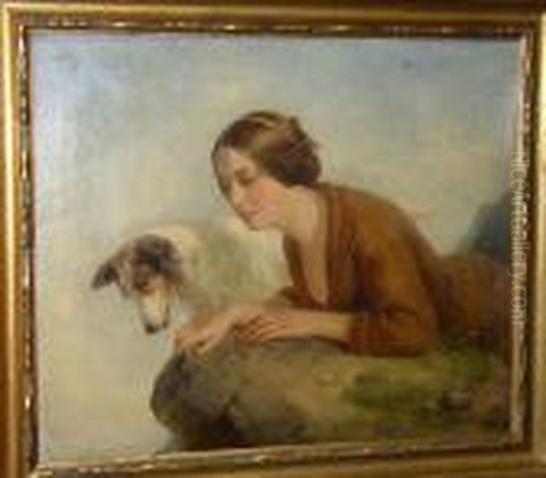 Girl And Dog Looking Over An Outcrop, Signed With Initials And Dated 1852 Oil Painting by Thomas Woodward