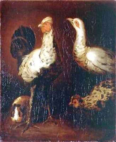 A cock two hens and a guinea pig Oil Painting by Theodore Gericault