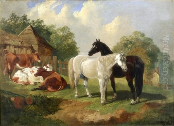 Cattle And Horses In A Stable Yard & Cattle Watering Oil Painting by Henry Charles Woollett