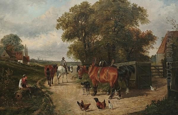 Landscape With Figures And Carthorses Outside A Farmstead Oil Painting by Henry Charles Woollett