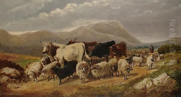 Cattle And Sheep Driven By A Figure In Highland Dress Oil Painting by Henry Charles Woollett