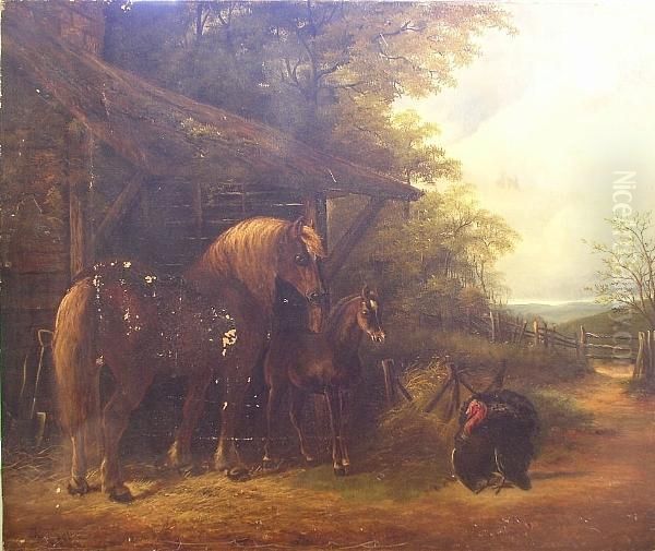 Horses And Turkey Before A Stable Oil Painting by Henry Charles Woollett