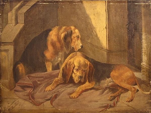 Two Bloodhounds Oil Painting by Henry Charles Woollett