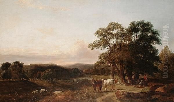 Figures And Horses Resting In A Landscape Oil Painting by Henry Charles Woollett