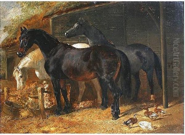 Horses Feeding Before A Stable Oil Painting by Henry Charles Woollett