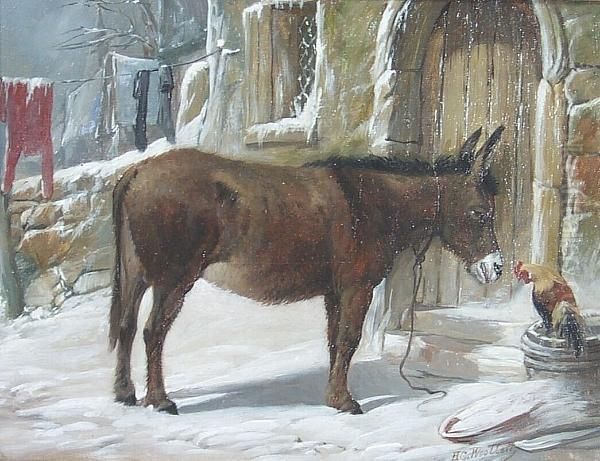 Donkey And Cockerel Oil Painting by Henry Charles Woollett