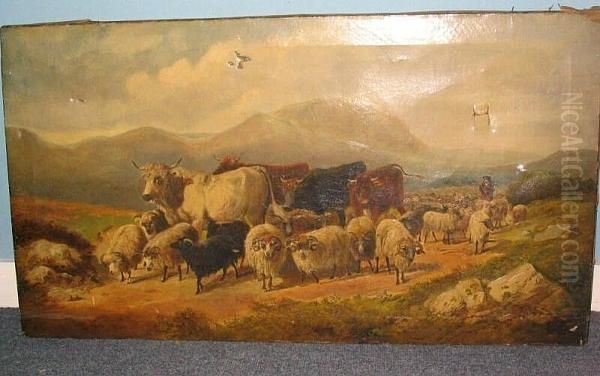 Cattle, Sheep And Farmers On A Highland Path, And Another, Farmer And Cattle On A Path Oil Painting by Henry Charles Woollett