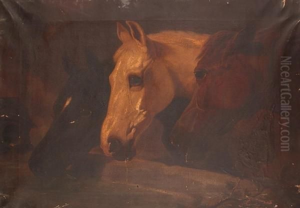 Head Study Of Three Horses At A Well; And A Companion Oil Painting by Henry Charles Woollett