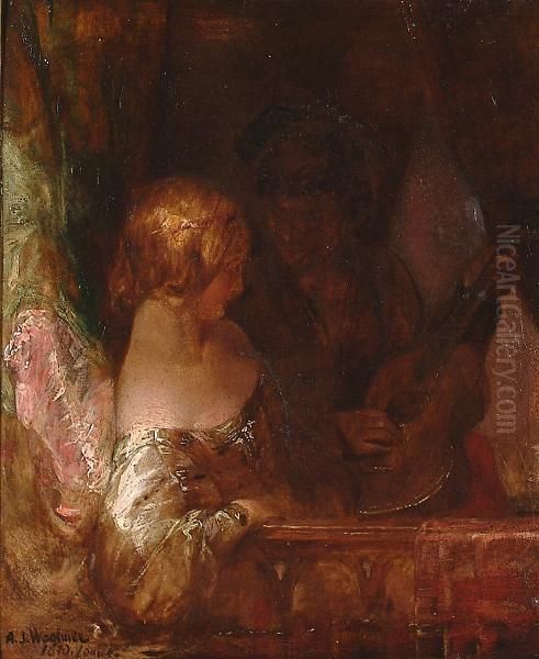 A Lady Being Serenaded On A Balcony. Oil Painting by Alfred Joseph Woolmer