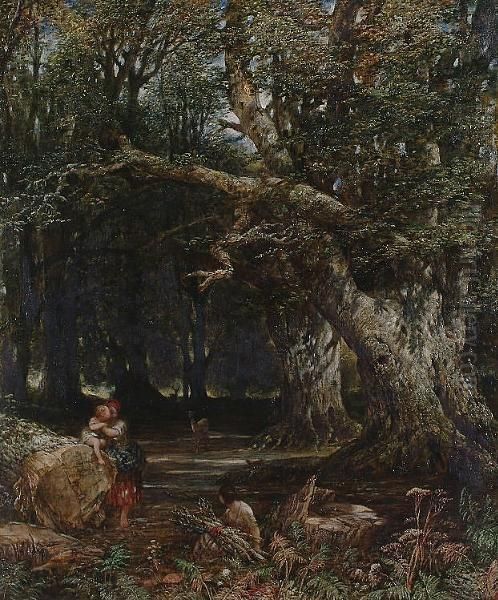 Faggot Gatherers In A Wood. Oil Painting by Alfred Joseph Woolmer