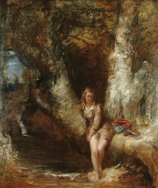 A Girl Seated Beside A Woodland Pool Oil Painting by Alfred Joseph Woolmer