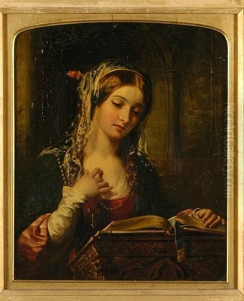 A Young Lady Reading At A Lectern Oil Painting by Alfred Joseph Woolmer