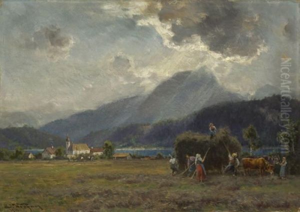 Heuernte Am Walchensee Oil Painting by Josef Wopfner