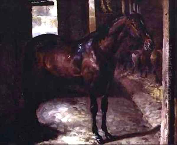 Dark Bay Horse in the stable Oil Painting by Theodore Gericault