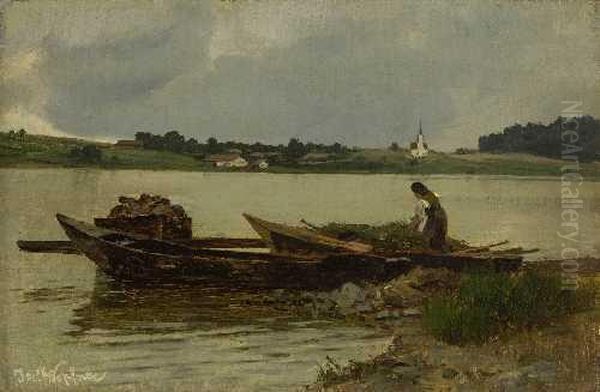 Bauerin Mit Heuboot Am Seeufer Oil Painting by Josef Wopfner