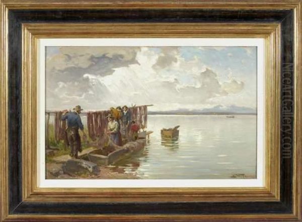 Fischer Am Chiemseeufer Beim Aufhangen Der Netze Oil Painting by Josef Wopfner