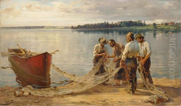 Fischer Mit Ihren Netzen Am Ufer Des Chiemsees Oil Painting by Josef Wopfner