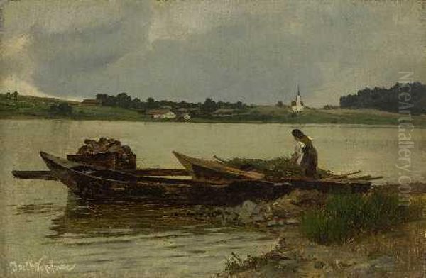 Bauerin Mit Heuboot Am Seeufer. Oil Painting by Josef Wopfner