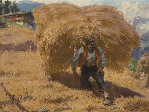 Austrian, - Harvest In Taufers Oil Painting by Josef Wopfner