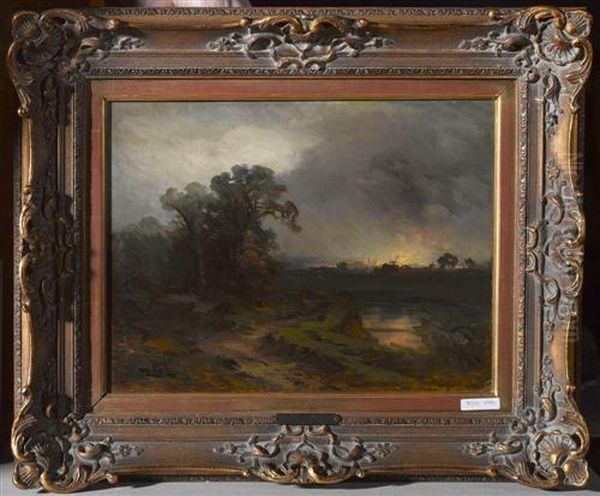 Landschaft Mit Brennender Stadt. Oil Painting by Josef Wopfner