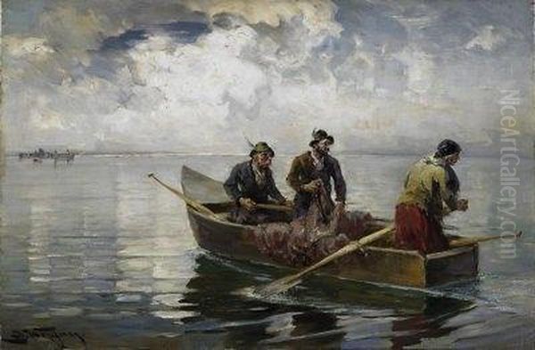 Chiemsee Fishermen. Signed Lower Left: J. Wopfner Oil Painting by Josef Wopfner