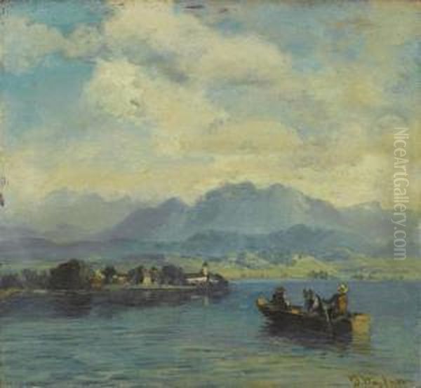 View Over The Fraueninsel, Chiemsee. Oil Painting by Josef Wopfner