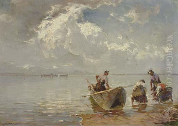 Fishermen On The Shore Oil Painting by Josef Wopfner