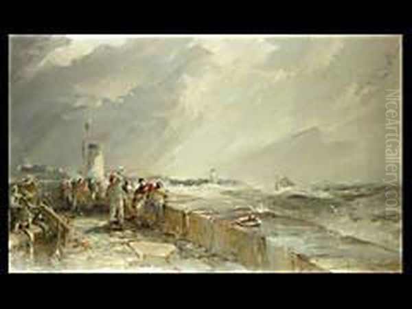 Ausflugler Am Kai Bei Sturmischer See Oil Painting by Josef Wopfner