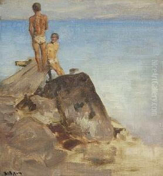 Badende Jungen Am Steg Oil Painting by Josef Wopfner