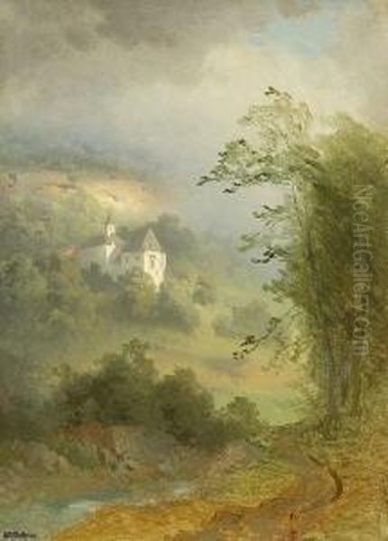 Landschaftsstudie Bei
 Nebelstimmung. Oil Painting by Josef Wopfner