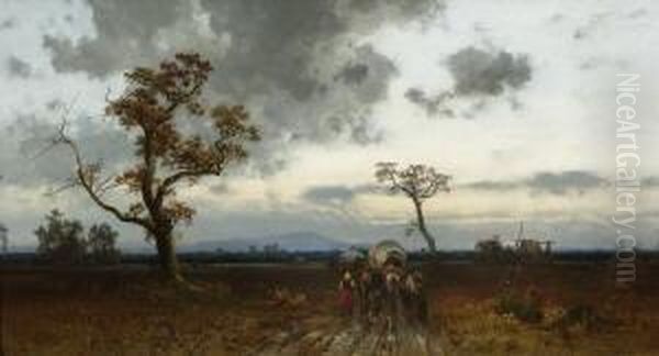 Abendlandschaft Mit
 Planwagen. Oil Painting by Josef Wopfner