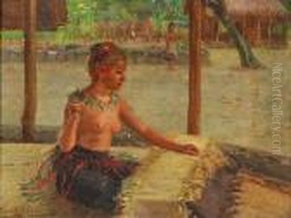 A Mat Weaver In Samoa Oil Painting by Theodore Wores