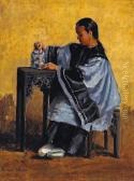 A Chinese Beauty Pouring Tea Oil Painting by Theodore Wores