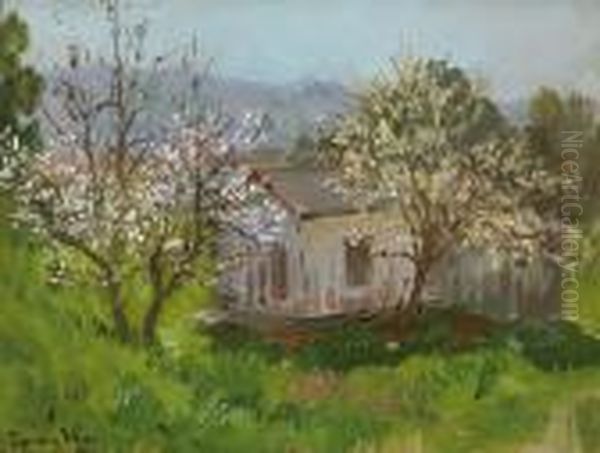 Two Blossoming Trees With An Old Shack Oil Painting by Theodore Wores