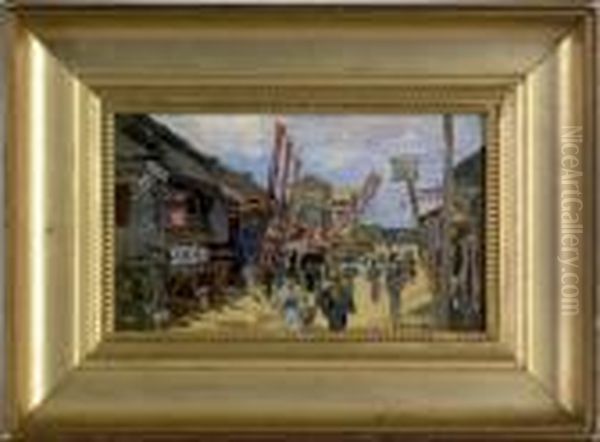 Japanese Street Scene Oil Painting by Theodore Wores