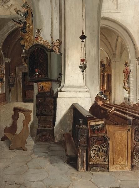 A Church Interior Oil Painting by Theodore Wores