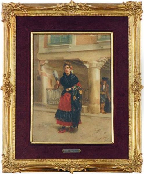 Spanish Beauty Holding A Fan Oil Painting by Jules Worms