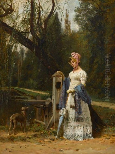 Elegant Lady And Her Whippet Oil Painting by Jules Worms