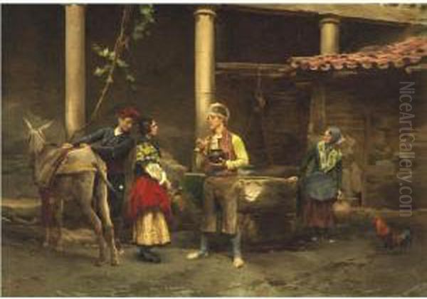 Flirting At The Well Oil Painting by Jules Worms