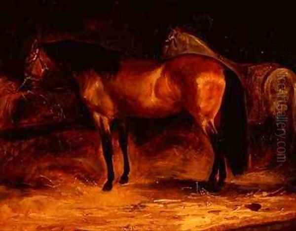 Light bay and grey horses in a stable Oil Painting by Theodore Gericault