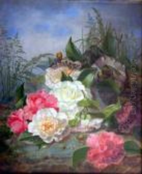 Still Life Of Camelias, Black Lace And Grasses Signed And Dated 1858 18.5 X 15.5in Oil Painting by Thomas Worsey